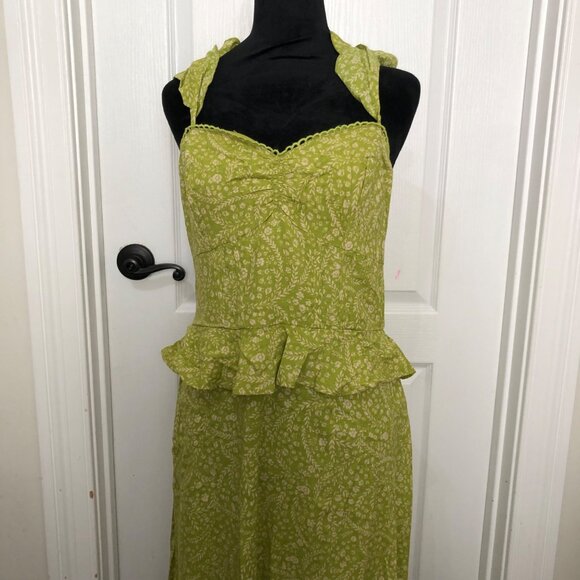 Land Of The Bee Lime Ivory Dress With Floral Pattern & Ruffle Trim Size Large - Picture 3 of 10